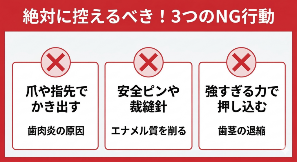 ◆食べ物が歯に挟まったときの3つのNG行動の概要図