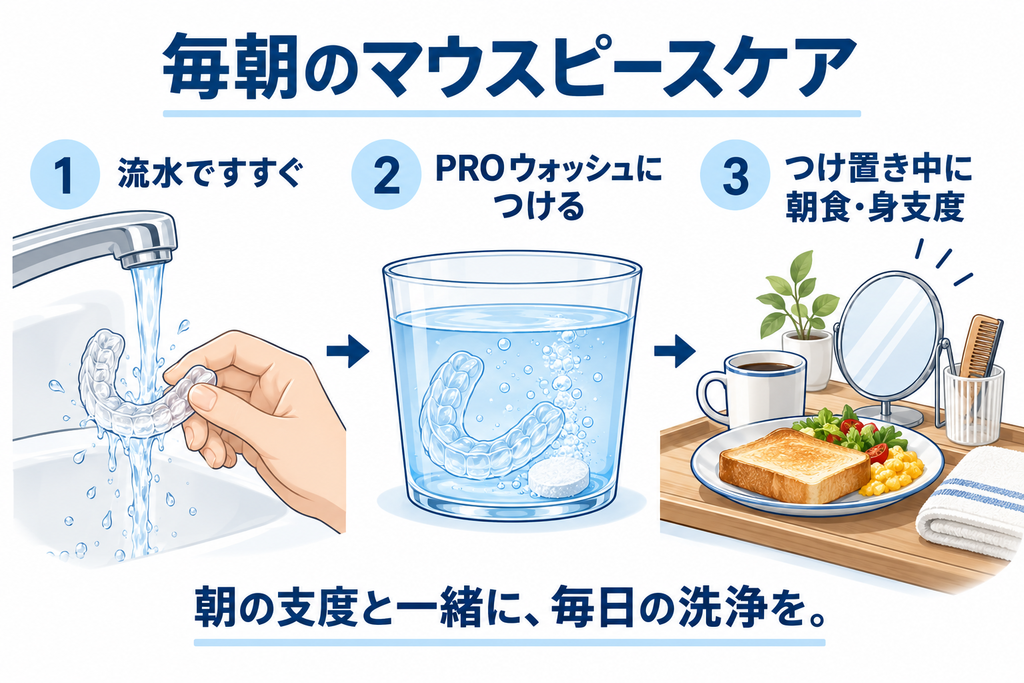 毎朝のマウスピースケアの3ステップ。流水ですすぎ、PROウォッシュにつけ、つけ置き洗浄中に朝食や身支度を進める流れを示した図。